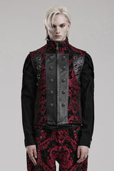 Gilet gothique noir/rouge pour homme à col montant avec impression jacquard, couture et décoration anneau métallique